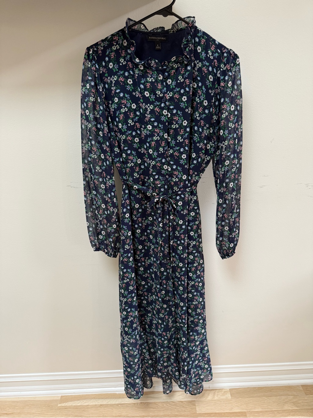 Banana Republic Navy Floral Long Sleeve Tie-Waist Long Dress